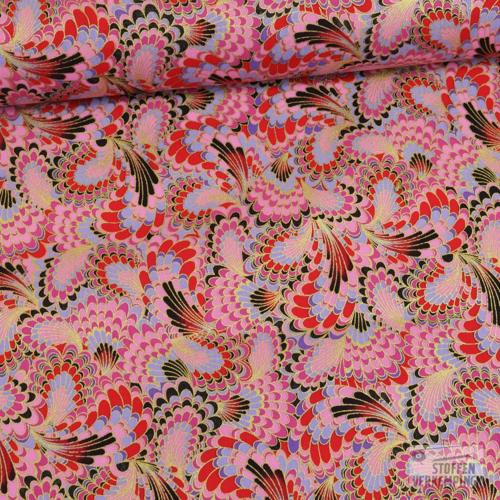 Katoen Foil Japanese Style Rose/Fuchsia