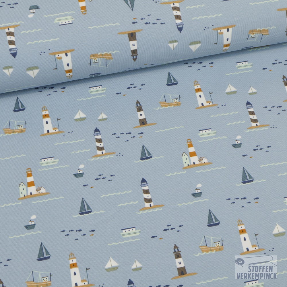 Jersey Print Nautical Boats Dusty Blue