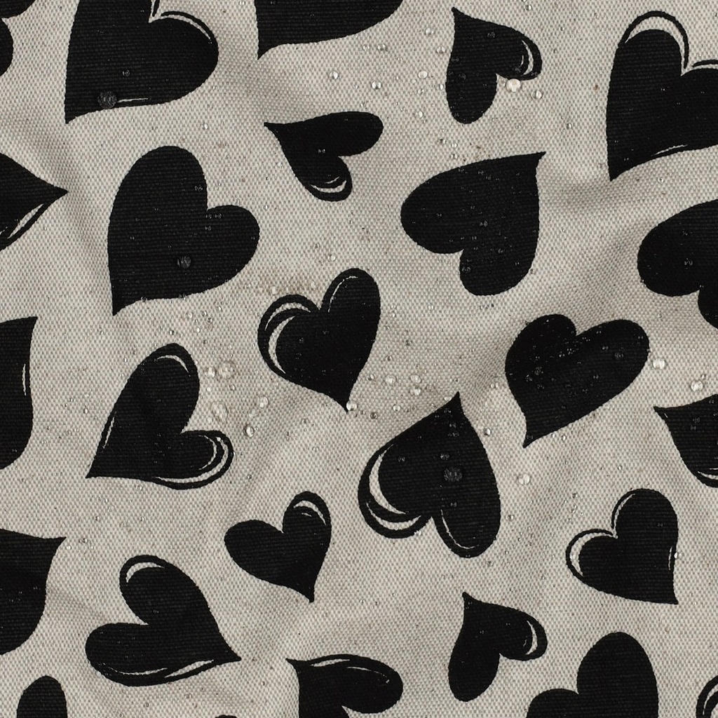 Coated Canvas Linen Look Hearts Black