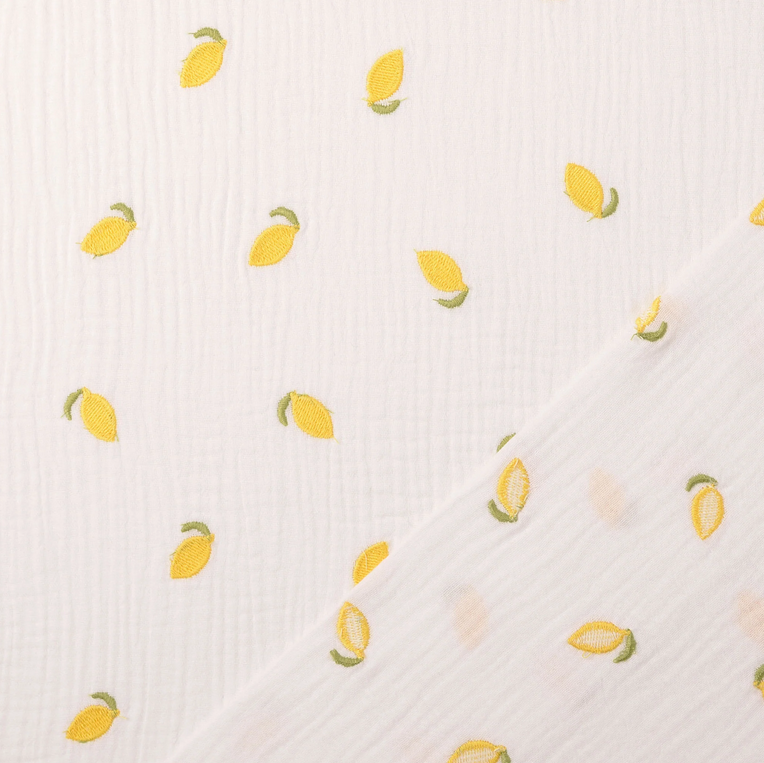 Double Gauze Embroidery Lemons - White