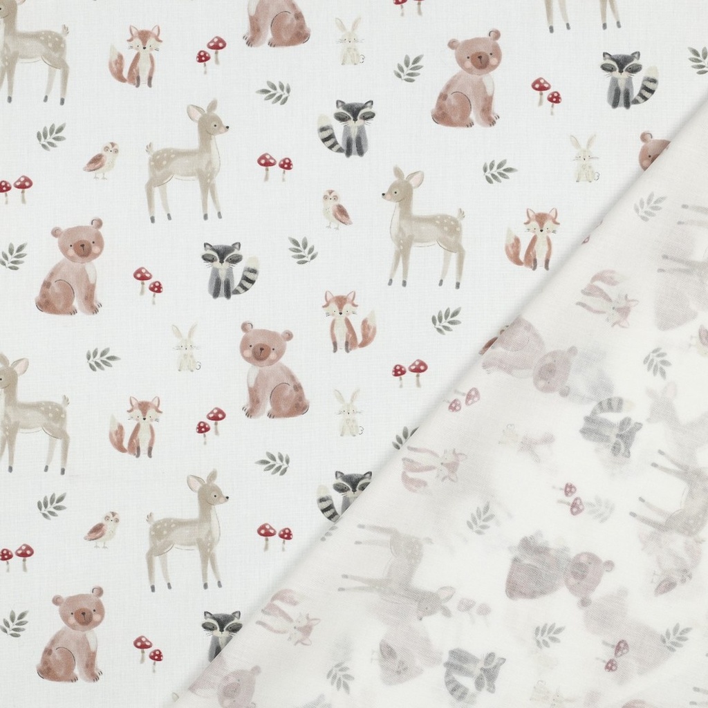 Fine Poplin Digital Forest Animals White