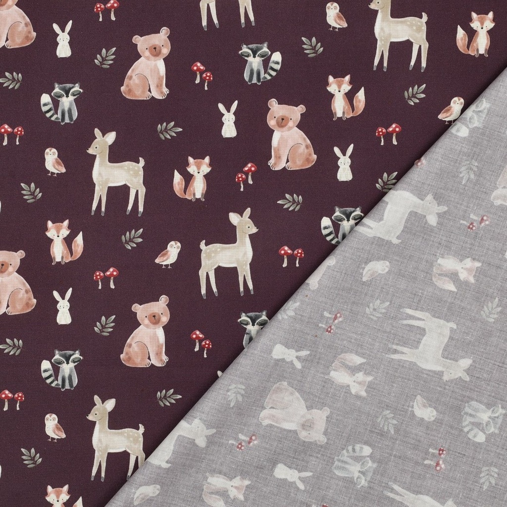 Fine Poplin Digital Forest Animals Burgundy
