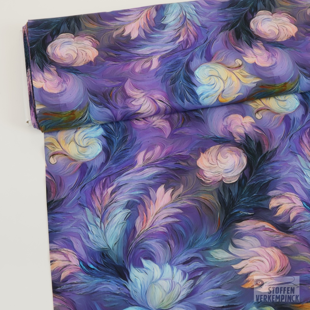 Viscose Digital Leaves Lila/Rose