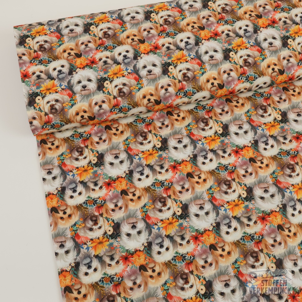 Popeline Digital Dogs & Orange Flowers 