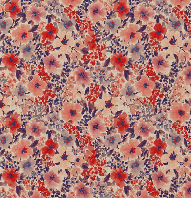 Katoen Digital Print Flowered Giada  Rouge/Blue