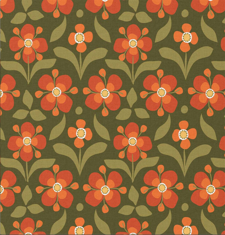 Katoen Print Retro Fleur Green/Orange