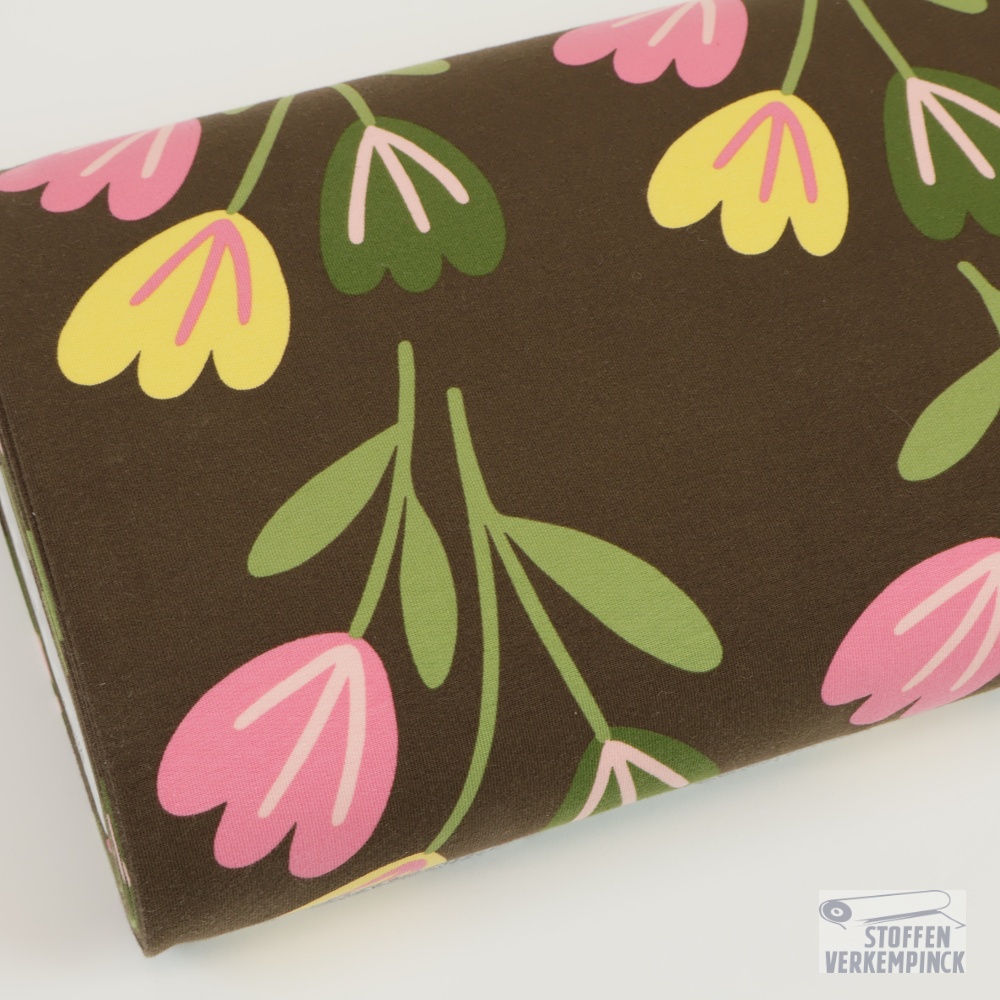 French Terry Print 46 mm. Rose & Yellow Tulips - Brown