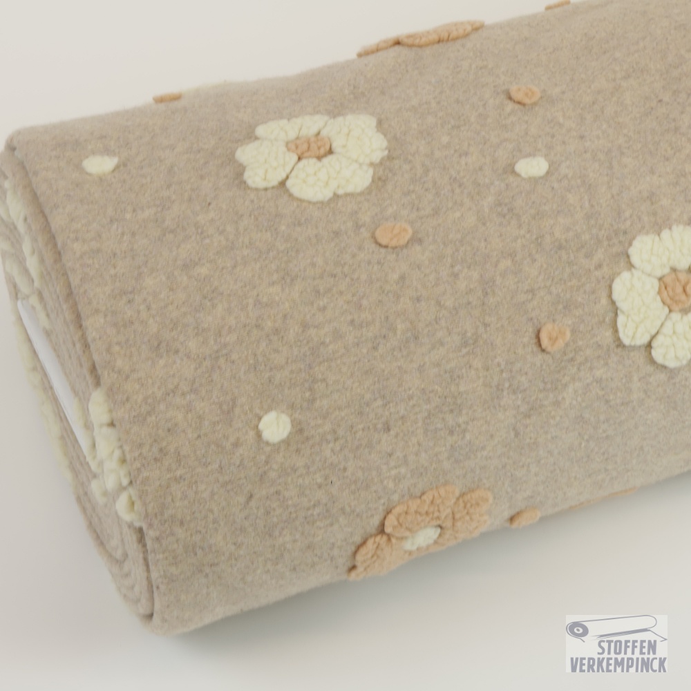 Luxe Coat Fabric 3D Flowers Beige