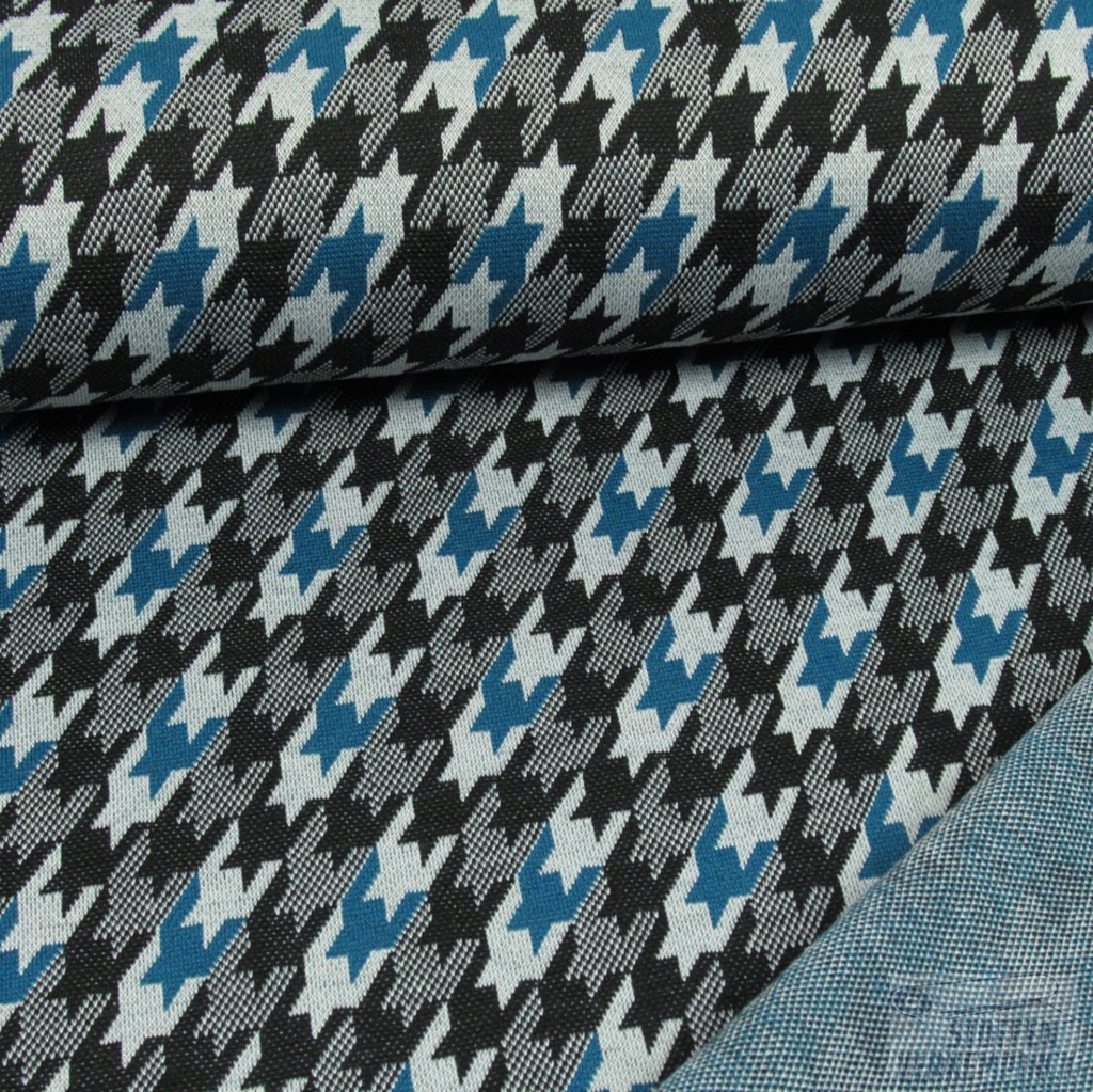 Jersey Jacquard Pied de cock Petrol/Zwart