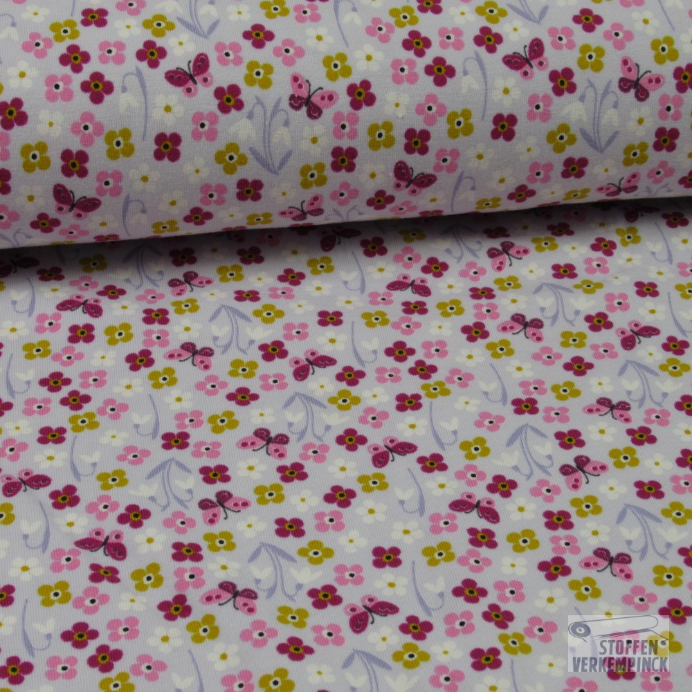 Jersey Print Bloem met Vlinder Pastel Lila