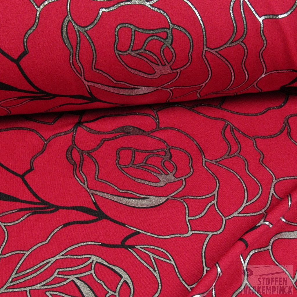Jersey Print Silver Foil Roses on Dark Red