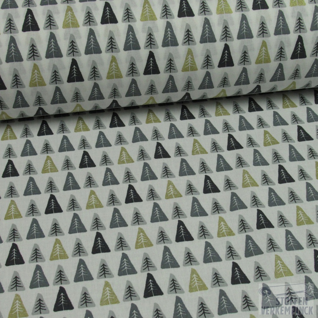 Katoen Print Kertsbomen Grijs/Goud op Wit