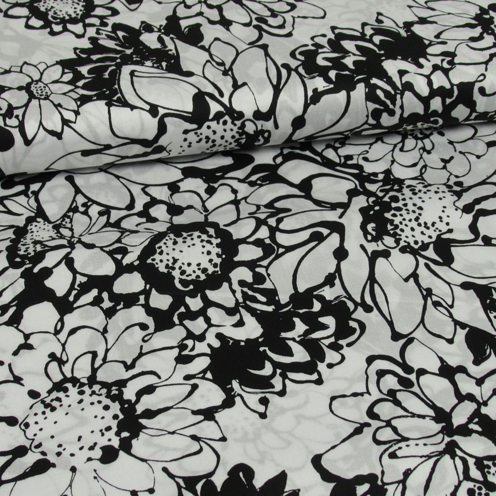 Katoen Satijn Print Zwarte Bloemen op Wit