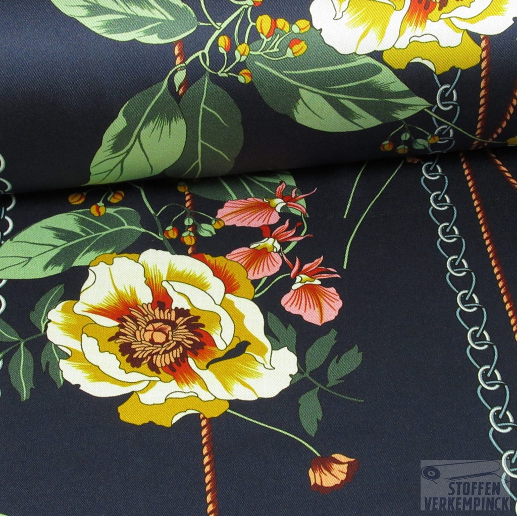 Polyester Print Boeket met Kettingen Navy- OPRUIMING