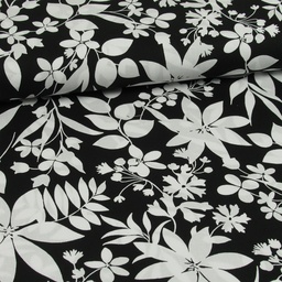 [HE-203313-3001] Stretch Popeline Witte Bloemen op Zwart