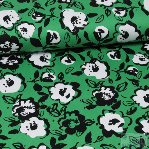 [HE-132.314-3007] Stretch Satijn Katoen Print Bloemen Groen
