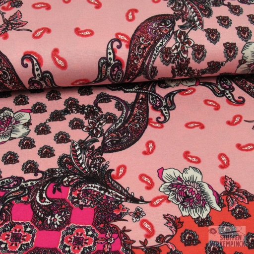 [QT-PC2010-035] Viscose Jersey Paisley & Flowers Koraal