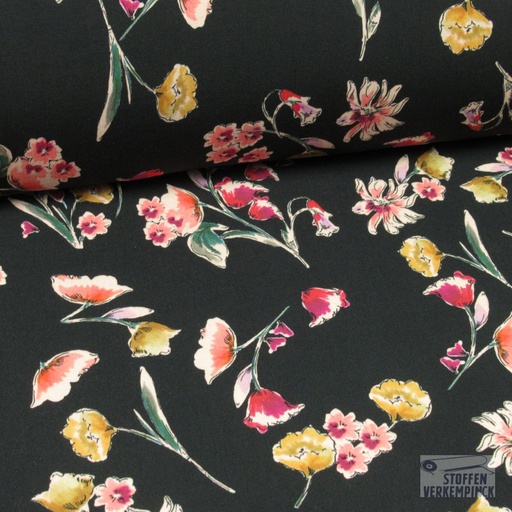 [420-2033-1] Viscose Rose Bloempjes op Zwart