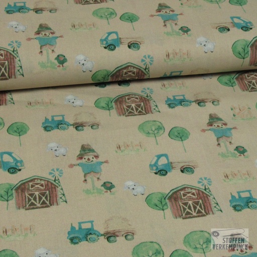 [206-6011-1453] Popeline Digi. Farm Life Beige
