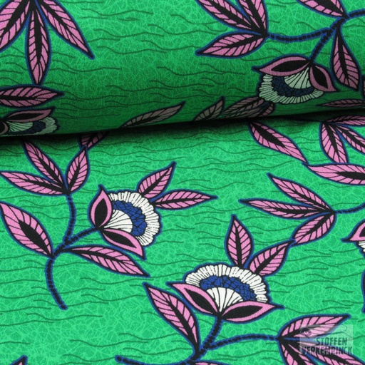 [420-2058] Viscose Retro Bloemen Rose/Blauw/Groen