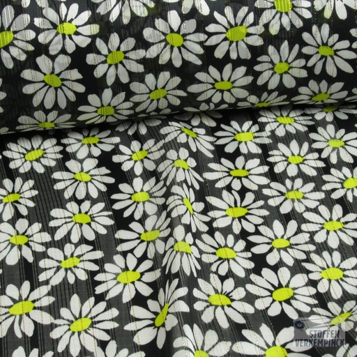 [420-2064] Polyester Voile / Lurexdraad Margrieten op Zwart