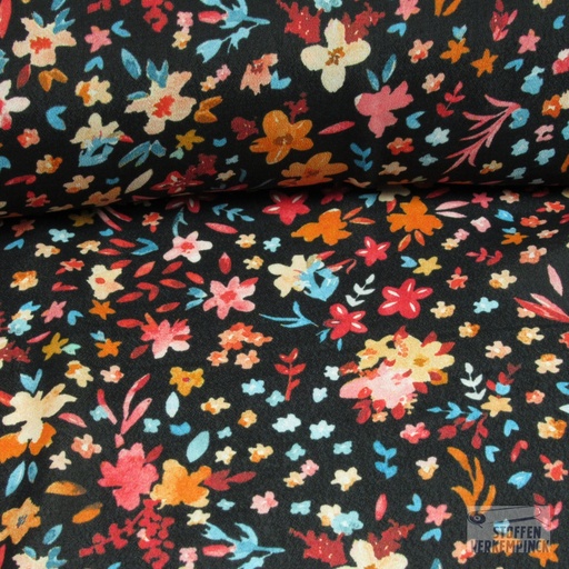 [420-2067] Viscose Zwart met oranje Bloemetjes