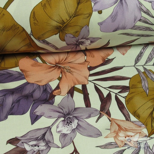 [420-2074 LAGERE PRIJS] Viscose Twill Digital Lelies Zalm/Lila/Amber