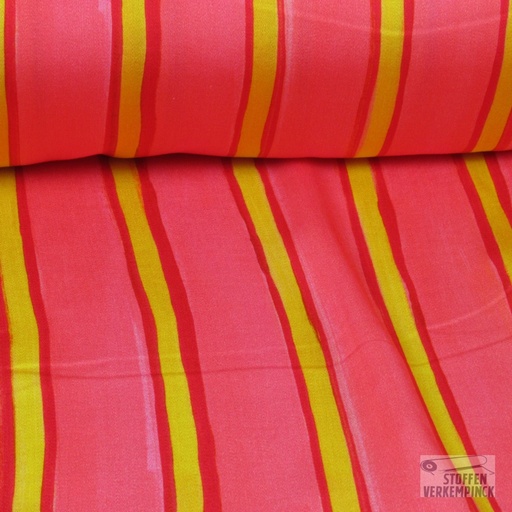 [456-0032] Viscose Satijn Print Vertikale Strepen Rose/Geel