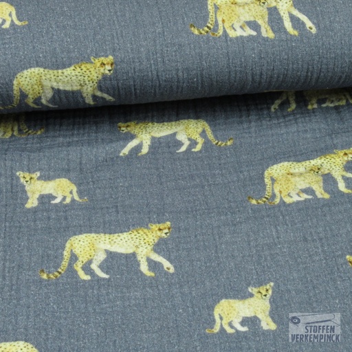 [206-5140-1701] Double Gauze Digital Cheetah Grijsblauw