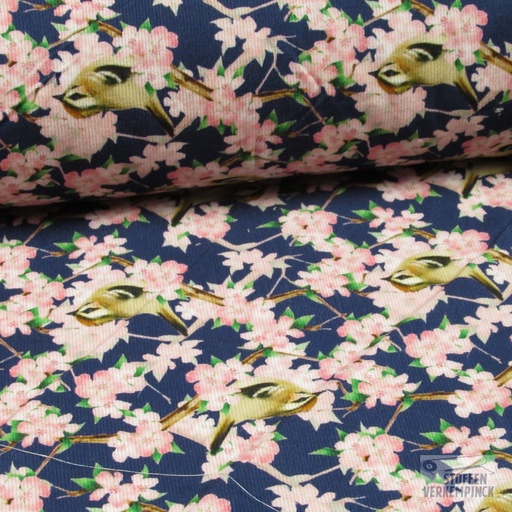 [ST-20206-15] Corduroy Vogeltjes/Bloemen Navy