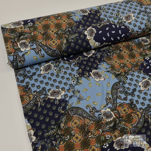 [QT-PC2010-003] Viscose Jersey Paisley & Flowers Blauw