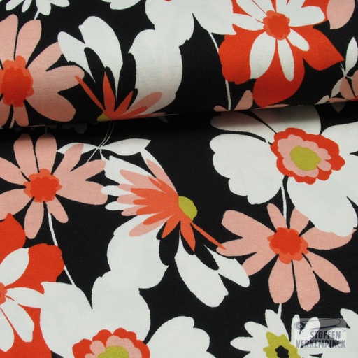 [HE-208634-0001] Jersey Viscose Boeket Oranje/Zwart
