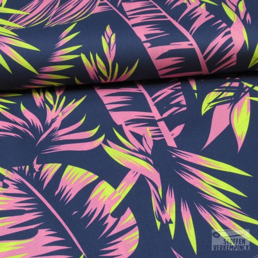 [EDI-0192609] Stretch Poplin Neon Sunset Leaves