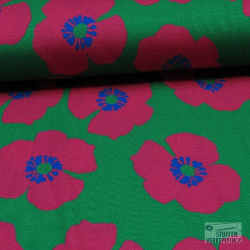 [BI-111308-10] Jersey Viscose Fuchsia Bloem op Groen