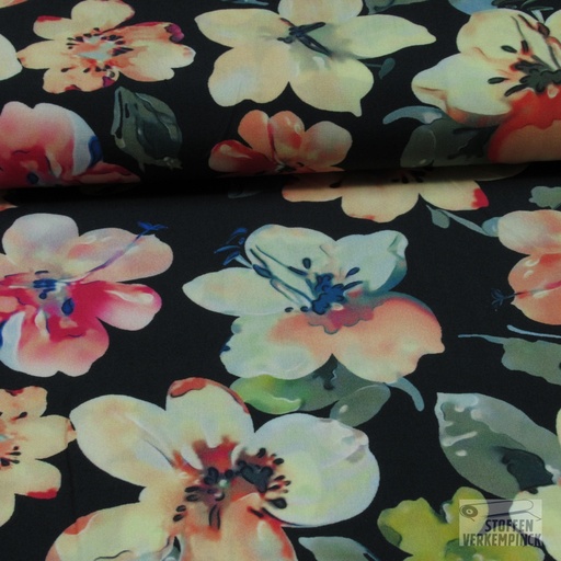 [VE-04290-002] Viscose digital Gebloemd Zwart