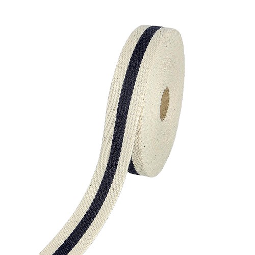 [DI-F400.30-100] Tassenband 30mm Kleur 100-Streep Ecru/Blauw