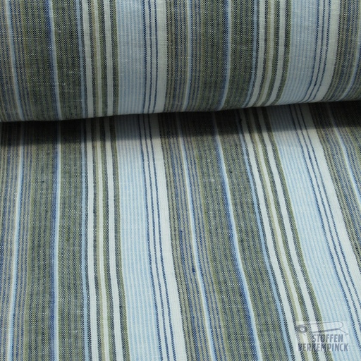 [BEW-1021] Linnen Vertikale streep Blauw/Kaki
