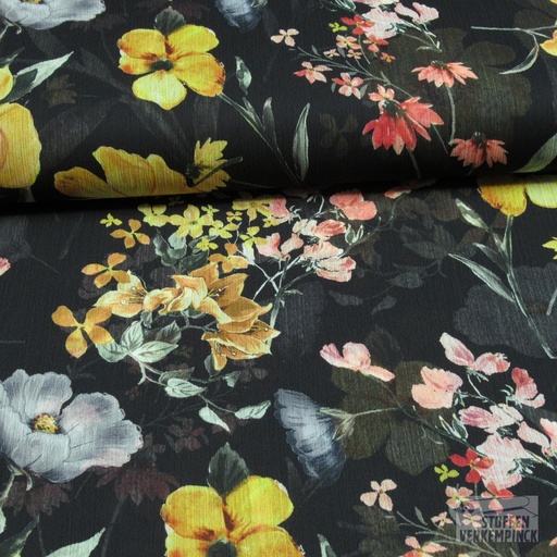 [QT-PC6201-071] Polyester Voile Veldbloemen Zwart