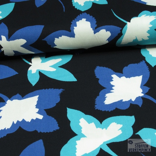 [HE-209466-0013] Viscose Twill Zwart Gebloemd Blauw/Aqua