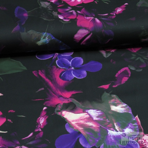 [HE-209548-0002] Satijn Digital Special Flowers Zwart/Fuchsia