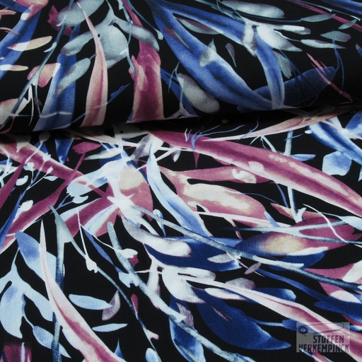 [NO-20161-014] Viscose Poplin Leaves Blauw/Bordeaux