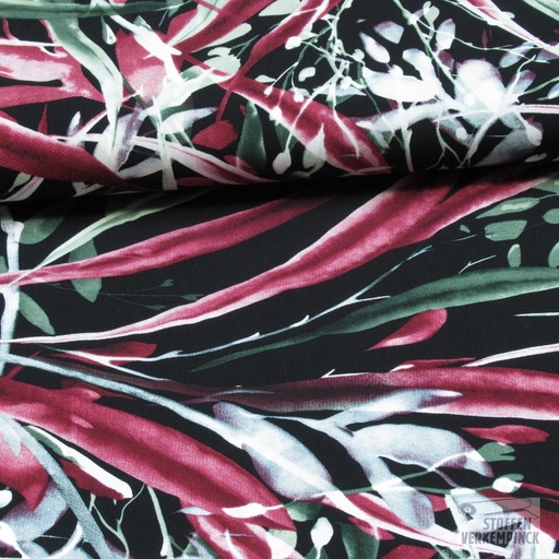 [NO-20161-019] Viscose Poplin Leaves Groen/Bordeaux