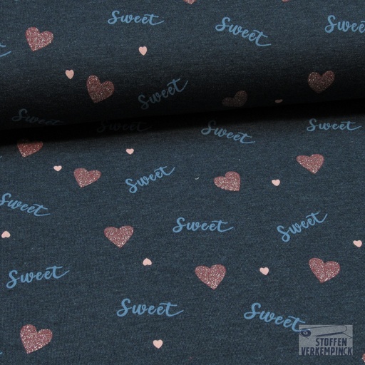 [VE-06300-005] Jersey Mélange Glitter "LOVE" Blauwgrijs