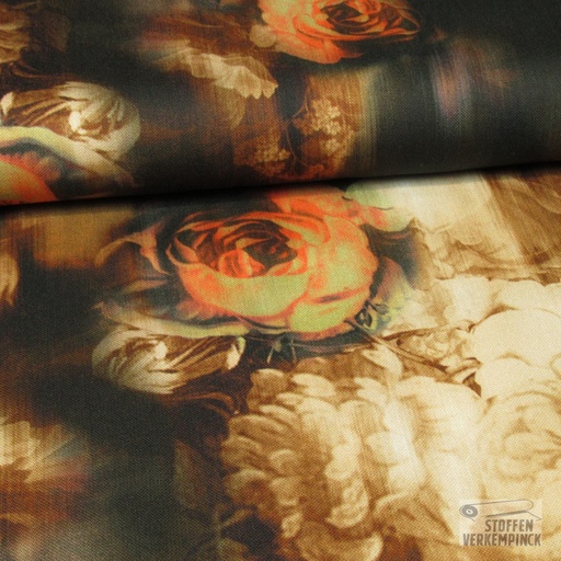 [POL-925017-90] Viscose Digital Vage Bloemen Oranje/Bruin/Zwart