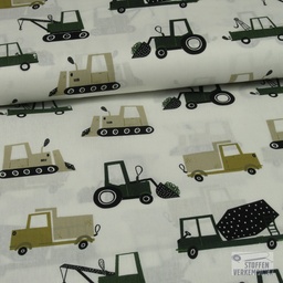 [KV-S1410R-187108] Poplin Bedrukt Trucks Snoozy Fabrics (Camouflage Groen)