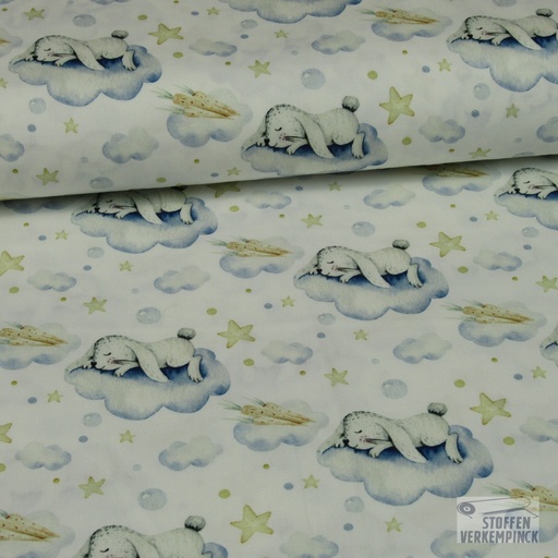 [KV-S1253R-185806]] Poplin Digitaal Bedrukt Mix Cloudy Snoozy Fabrics (Schattig Konijn)