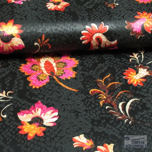 [BI-211147-20] Satijn Stretch Fuchsia Flora op Zwart