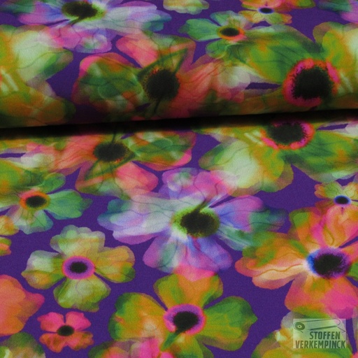 [KV-S1874R-3683] Viscose Digital Paars met Kleurrijke Bloemen