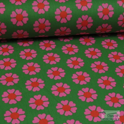 [VE-C5661-006] Coated Cotton Retro Flowers Groen