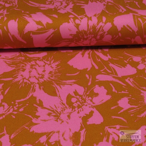 [VE-05672-006] Visco. Twill Stretch Big Flowers Olijf/Rose